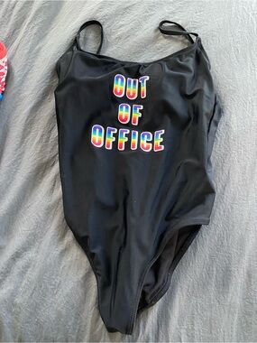 George Black One-Piece Swimsuit with Rainbow "Out of Office" Graphic